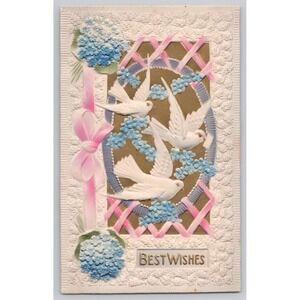 White Doves Blue Forget-Me-Nots Pink Ribbon Embossed Best Wishes c1900s POSTCARD